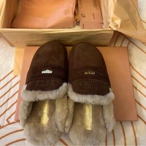 Miu Miu Brown Suede Slippers with Fur Lining